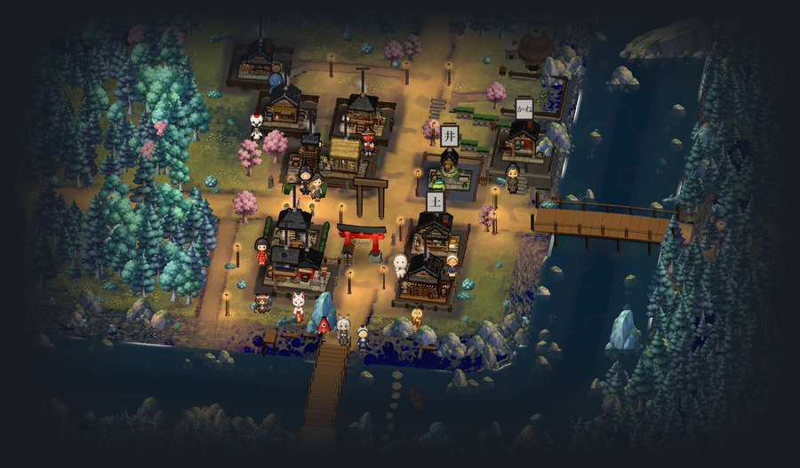 The town at dusk: roofs, lanterns and a bridge over the river