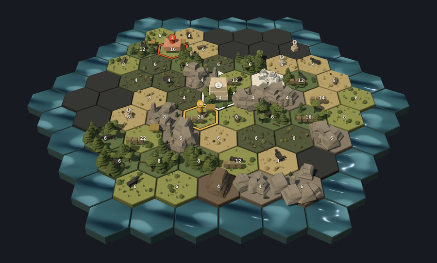Monument late in a game: the island almost entirely revealed in forest, grass, sand and stone, a pale monument standing near the centre, only a few dark tiles left at the margins.