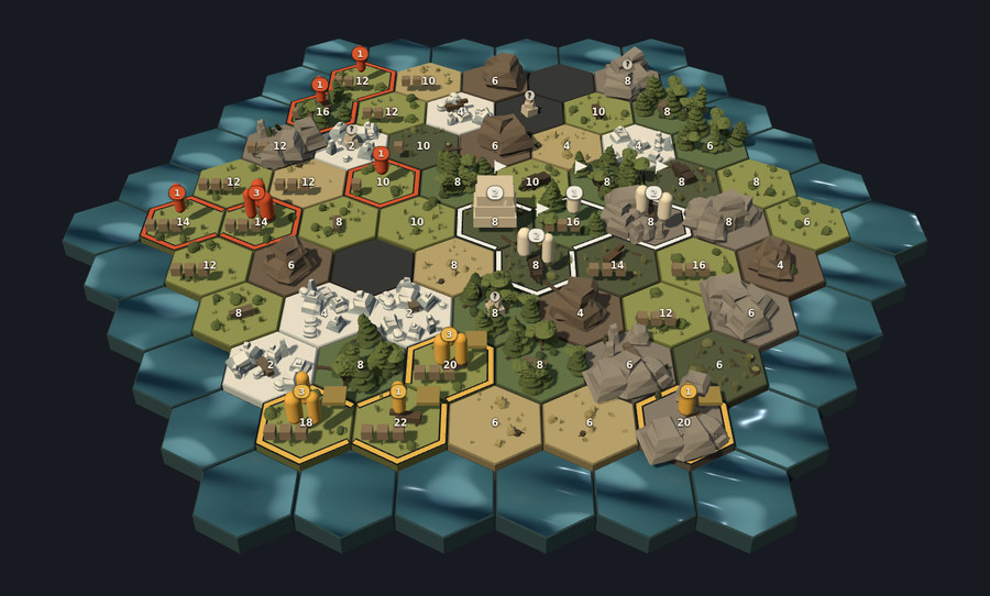 Monument in midgame: much of the board turned up into forest, grassland and sand, with territory outlined in red and gold where two peoples have started to meet.