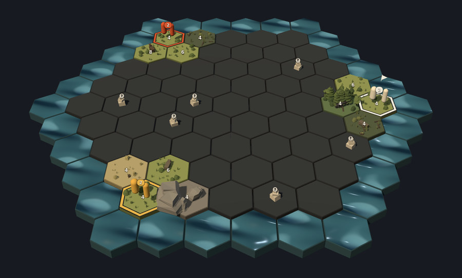 Monument at the opening: a hexagonal island sitting in darkness, only a handful of tiles turned up in green and sand at its edges, the rest unlit, ringed by pale teal water.