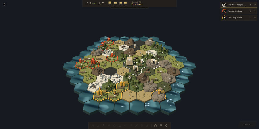 Monument's full screen: the board at round twelve, a bar across the top counting Mind, Culture, Tools and Food, and the three peoples — the River People, the Ash Makers, the Long Walkers — scored in the top right.