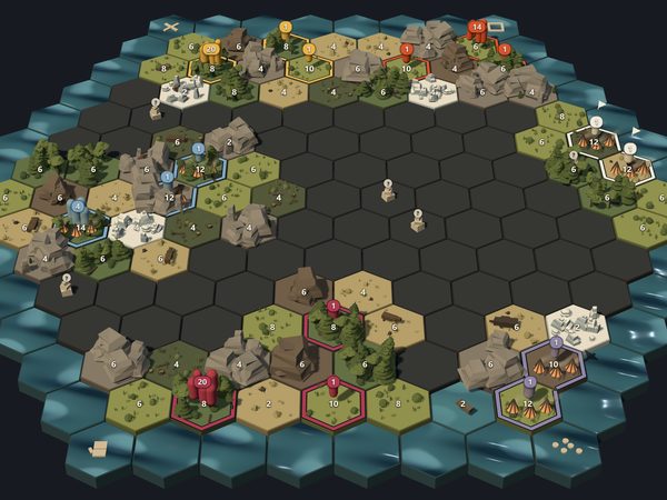 A Monument board mid-game: a hex island, half of it still dark