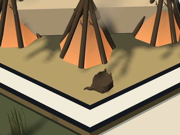 Monument at full zoom: tents and stone slabs on a single hex